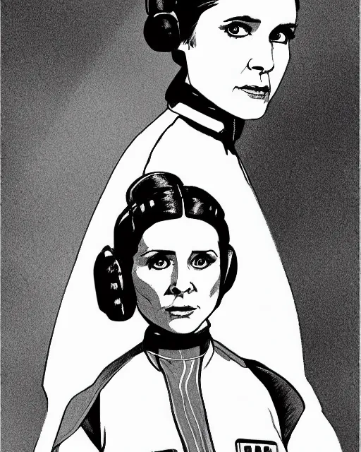 Prompt: princess leia in star wars, 1977, digital art drawing, cdx