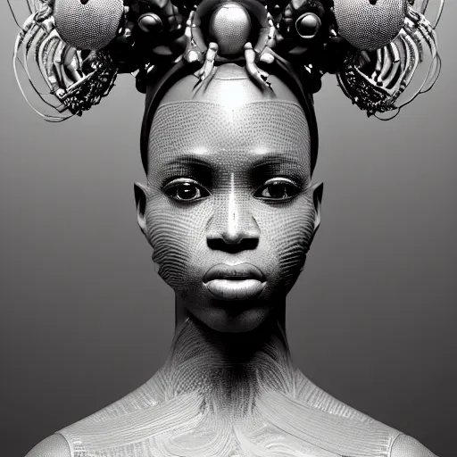 Prompt: portrait of an absurdly beautiful, graceful, sophisticated, fashionable african cyberpunk mechanoid gravure idol, ultrafine hyperdetailed illustration by irakli nadar, matt wisniewski style, marvel comics, intricate linework, ebony skin, neon jellyfish headdress, ivory carved ruff, unreal engine 5 highly rendered, global illumination, radiant light, detailed and intricate environment