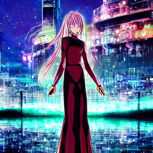 Prompt: a teenage anime android girl wearing a very high intricate detailed dress made out of water standing in a crystal clear lake with a neon lit futuristic city in the background::full body::very long black and red hair::left eye is yellow and right eye is glowing red::heterochromatic eyes::intense stare::cinematic lighting::medium shot::MCU::trending on artstation::CSP::Photoshop::WLOP, Rossdraws, James Jean, Andrei Riabovitchev, Marc Simonetti, Anastasia Ovchinnikova, Véronique Meignaud, BEN MAIER and Sakimichan