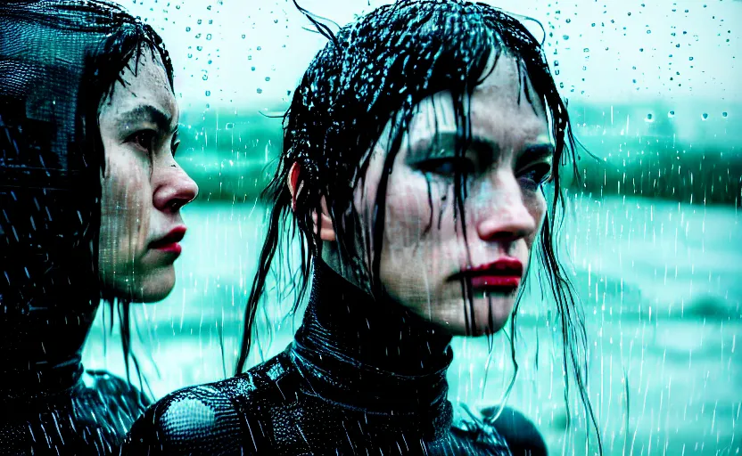 Image similar to cinestill 5 0 d candid action photographic portrait by quentin tarantino of two loving female androids wearing rugged black mesh techwear in treacherous waters, extreme closeup, modern cyberpunk retrofuturism moody emotional cinematic, pouring iridescent rain, 8 k, hd, high resolution, 3 5 mm, f / 3 2, motion blur, ultra realistic faces, ex machina