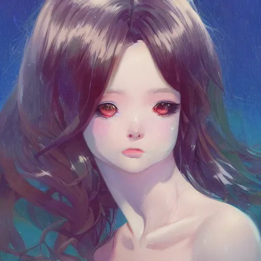 Image similar to A potrait of a covered mermaid with big and cute eyes, fine-face, realistic shaded perfect face, fine details. Night setting. Very anime style. Realistic shaded lighting poster by Ilya Kuvshinov katsuhiro, magali villeneuve, artgerm, Jeremy Lipkin and Michael Garmash, Rob Rey and Kentarõ Miura style, trending on art station