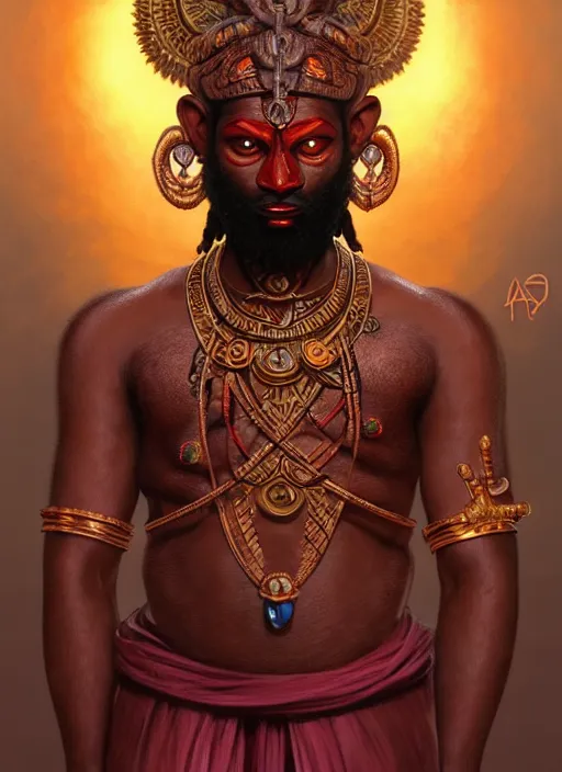 Prompt: angry orisha warrior god, bronze skin tone, bushy beard, glowing red eyes, volumetric lights, mauve and gold scheme, tribal and primitive, intricate, highly detailed, digital painting, artstation, concept art, smooth, sharp focus, illustration, kemetic symbolism, art by artgerm and greg rutkowski and alphonse mucha