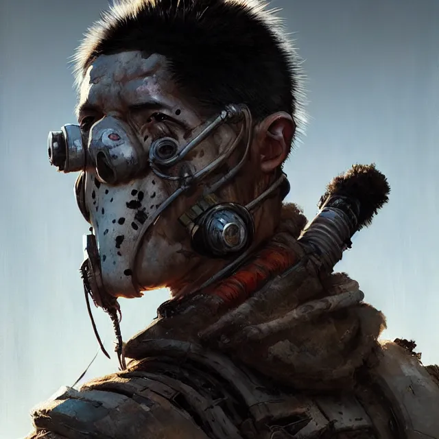 Image similar to hyper realistic photography portrait of postapocalyptic madmax cyberpunk asian japanese face panda vallejo, back shot, craig mullins greg rutkowski, artstation, cgsociety