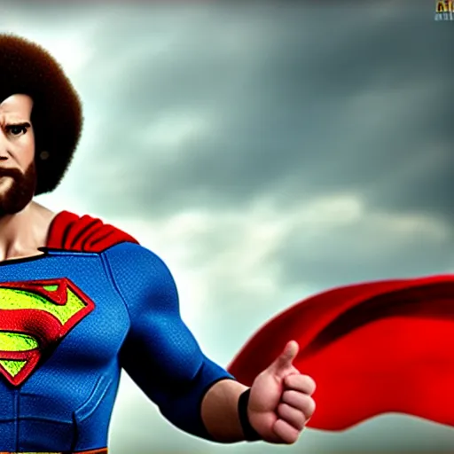 Image similar to movie scene of bob ross as superman,avengers,cinematic,hyperdetailed,photorealistoc,cinematic,professional lighting,professional compositong,8k,detailed face,muscular