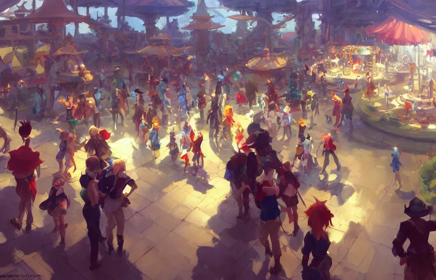 Image similar to greg manchess concept art of the millennial fair from chrono trigger, outdoor fairgrounds, colorful pavillions, key visual, ambient lighting, highly detailed, digital painting, artstation, concept art, sharp focus, by makoto shinkai and akihiko yoshida and hidari and wlop and greg rutkowski