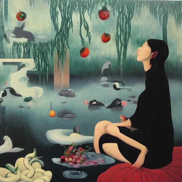 Image similar to female emo art student in her lounge room, painting of flood waters inside an artist's loungeroom, a river flooding indoors, pomegranates, pigs, ikebana, water, octopus, river, rapids, waterfall, black swans, canoe, berries, acrylic on canvas, surrealist, by magritte and monet