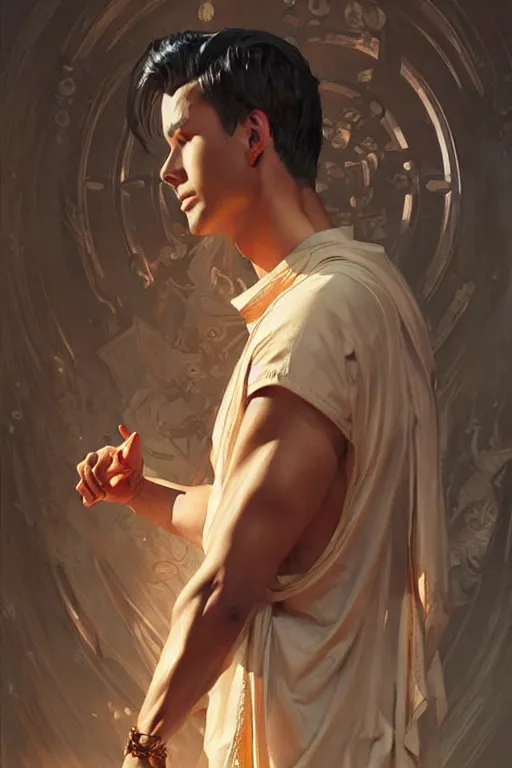 Image similar to male, temple, taoism, painting by greg rutkowski, j. c. leyendecker, artgerm