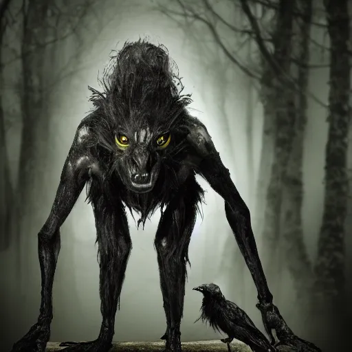 Image similar to werecreature consisting of a crow and a human, featured on artstation, photograph captured in a dark forest