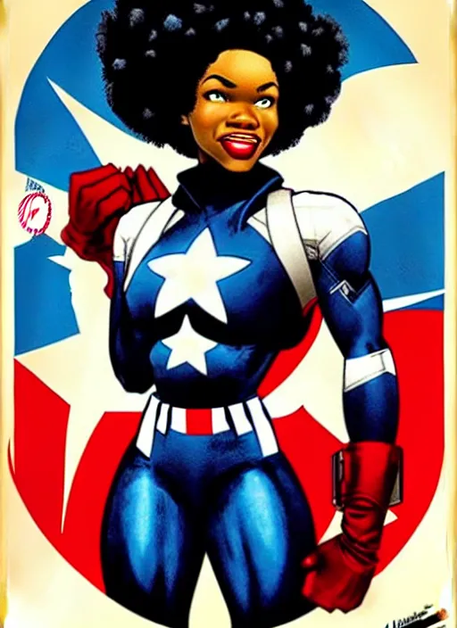 Image similar to beautiful black female captain america. afro - feminist captain america wins wwii. american wwii propaganda poster by james gurney, rob liefeld and pixar. gorgeous face. overwatch, realistic. black power