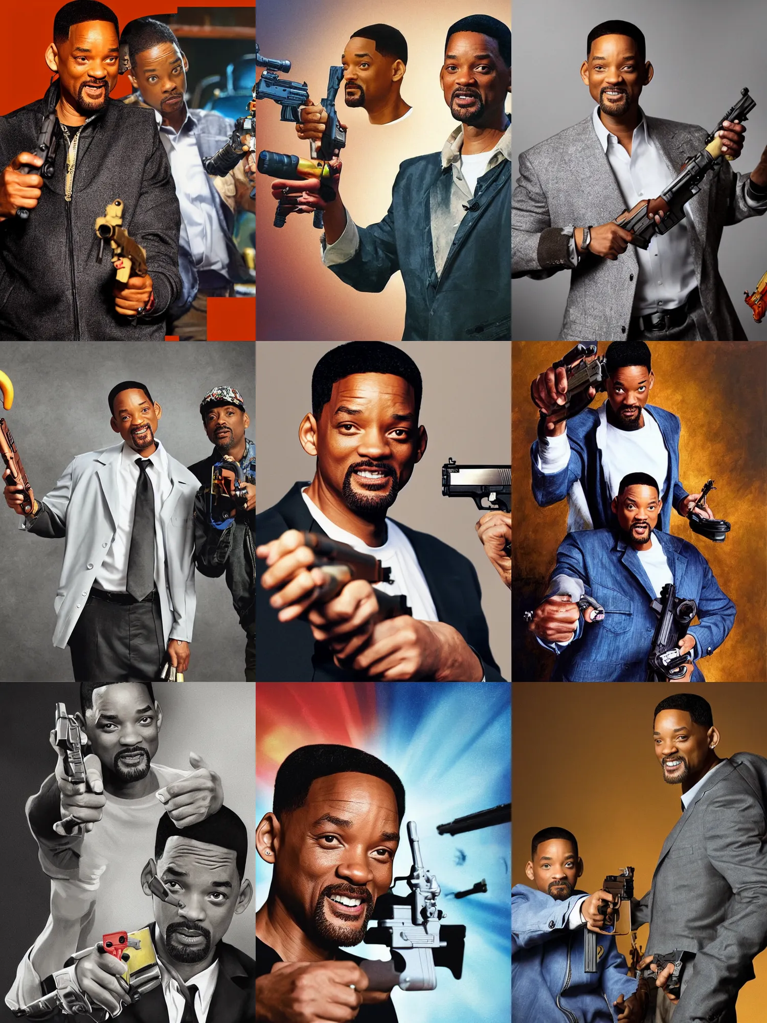 Prompt: Will smith holding a toy gun with a slapper hand on it pointing it at Chris rock, well lit, digital art, virtuosic painting, award winning, high quality, visual, sharp, backlit, gorgeous lighting