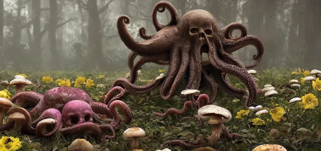 Prompt: an octopus in the shape of a skull surrounded by flowers & mushrooms at noon, foggy, cinematic shot, photo still from movie by denis villeneuve, wayne barlowe