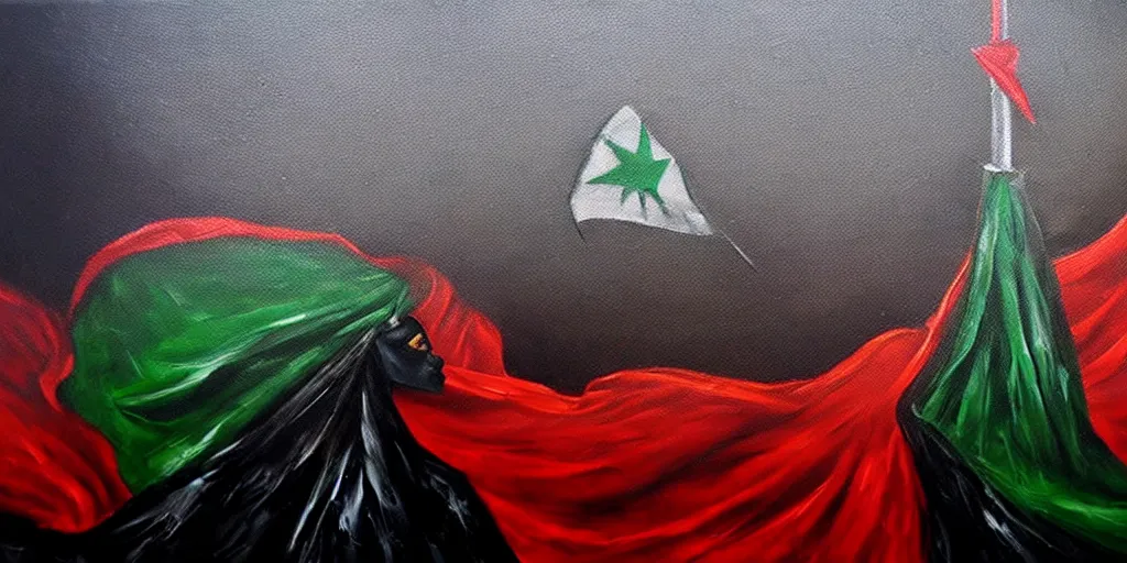 Image similar to dramatic dark oil painting of freedom for palestine, red green white black