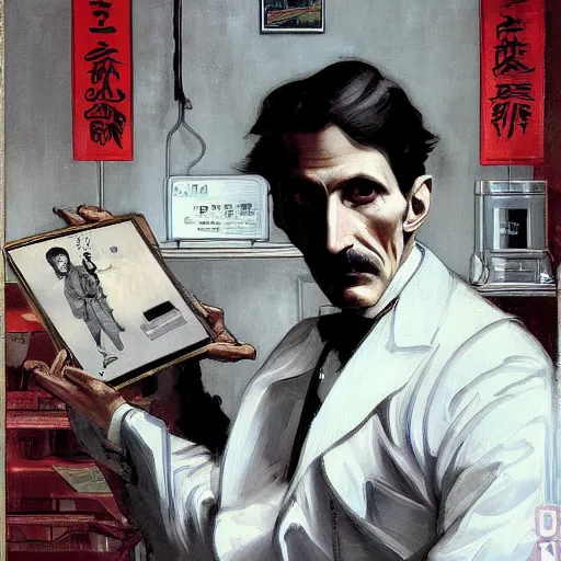 Image similar to portrait of nikola tesla in a laboratory, hanafuda oil on canvas by ivan shishkin, james jean and yoji shinkawa