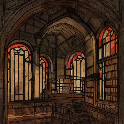 Prompt: old french medieval library with spiral staircases late evening stained glass windows moody dark musty old, concept art by Samuel Schultz