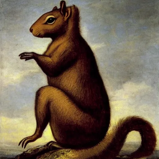 Prompt: a giant squirrel carrying napoleon bonaparte, courbet