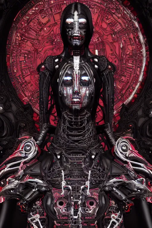 Image similar to full-body cyberpunk style sculpture of a young beautiful dark priestess, half android with a head opening exposing circuitry. glowing red eyes, black roses, flowing blood-red colored silk. fabric, candles. baroque elements. human skull. full-length view. baroque element. intricate artwork by Caravaggio. crows flying in background. Trending on artstation, octane render, cinematic lighting from the right, hyper realism, octane render, 8k, depth of field, 3D