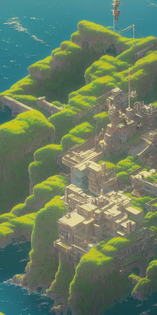 Image similar to highly detailed vfx isometric landscape of studio ghibli, stephen bliss, unreal engine, greg rutkowski, loish, rhads, beeple, makoto shinkai and lois van baarle, ilya kuvshinov, rossdraws, tom bagshaw, alphonse mucha, global illumination, detailed and intricate environment