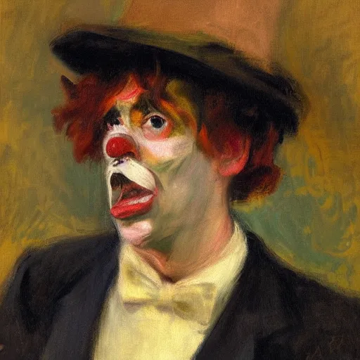 Image similar to detailing character concept portrait of clown by John Singer Sargent, on simple background, oil painting, middle close up composition