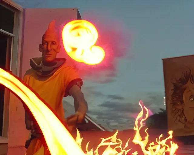 Image similar to squidward firebending outside at susnset