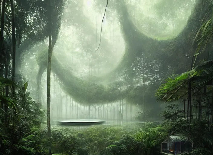 Image similar to a beautiful painting the insides of a geodesic house in a moist tropical rainforest, by greg rutkowski, realism, artstation, nature