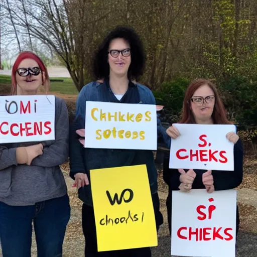 Image similar to 3 chickens holding signs