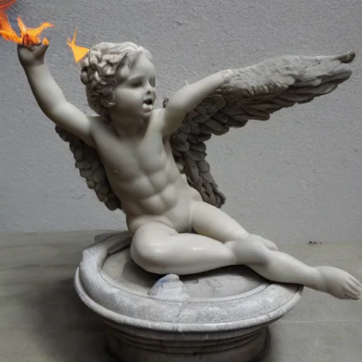 Prompt: marble angel statue with puffed cheeks breathing fire, realistic