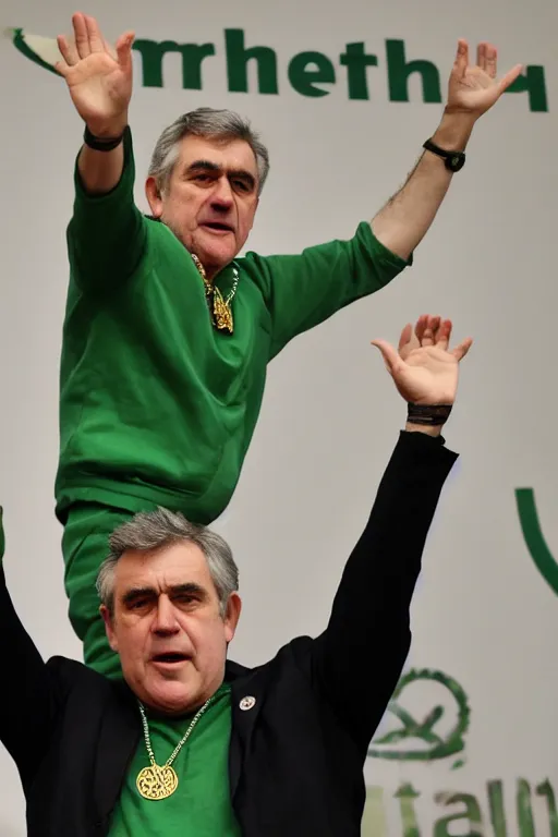 Prompt: gordon brown politician, dark hair, wearing a green tracksuit and gold necklace medallion, hands raised in the air,