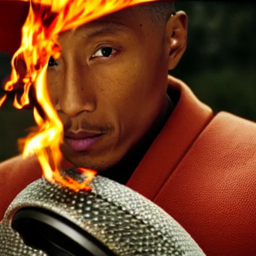 Image similar to cinematic film still Pharrell Williams starring as a Samurai holding fire, Japanese CGI, VFX, 2003, 40mm lens, shallow depth of field,film photography