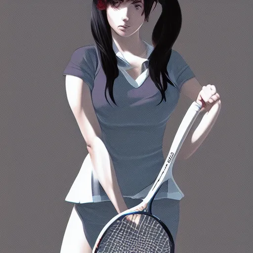 Image similar to a drawing of a woman holding a tennis racquet, a character portrait by Ilya Kuvshinov, cgsociety, shock art, ilya kuvshinov, 2d game art, official art