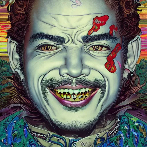 Image similar to portrait of crazy post malone singer, excited, symmetrical, by yoichi hatakenaka, masamune shirow, josan gonzales and dan mumford, ayami kojima, takato yamamoto, barclay shaw, karol bak, yukito kishiro