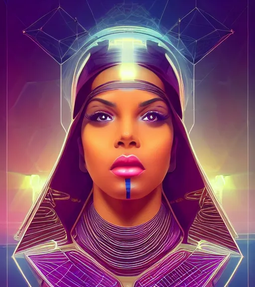 Image similar to symmetry!! egyptian princess of technology, solid cube of light, hard edges, product render retro - futuristic poster scifi, lasers and neon circuits, beautiful brown skin woman egyptian princess, intricate, elegant, highly detailed, digital painting, artstation, concept art, smooth, sharp focus, illustration, dreamlike, art by artgerm