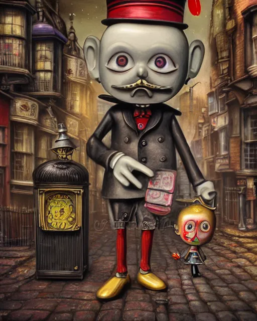 Image similar to highly detailed closeup, portrait of a tin toy jack the ripper in tin toy victorian london streets, hyper realistic, artstation, illustration, nicoletta ceccoli, mark ryden, lostfish, dan decarlo, bob clampett, max fleischer, digital paint, matte paint, vivid colors, detailed and intricate environment