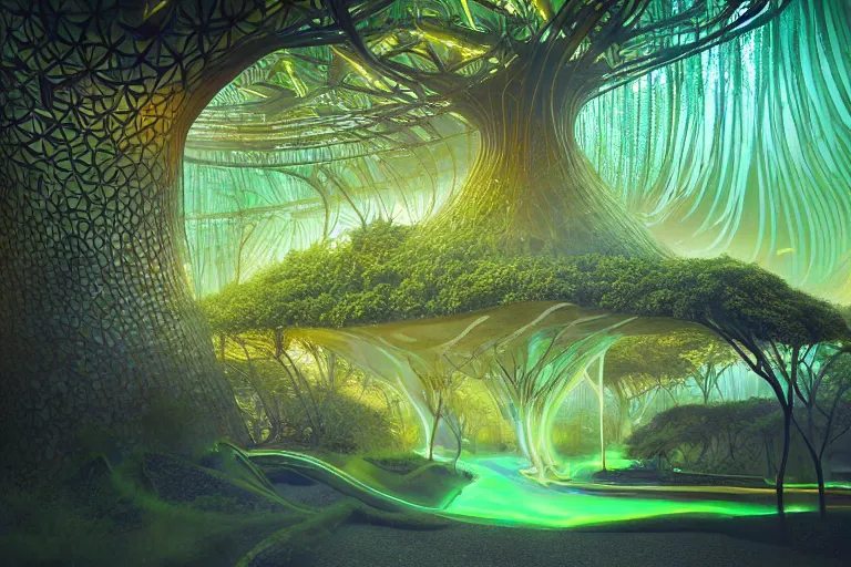 Prompt: futuristic foliage overgrowing favela bioluminescence fungus hive, art nouveau environment, award winning art, epic dreamlike fantasy landscape, ultra realistic,