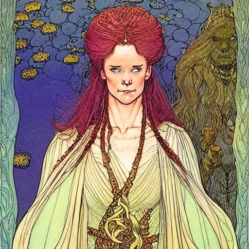 Image similar to a beautiful portrait of sanna!!!!! marin!!!!!, the young female prime minister of finland as a druidic wizard by rebecca guay, michael kaluta, charles vess and jean moebius giraud