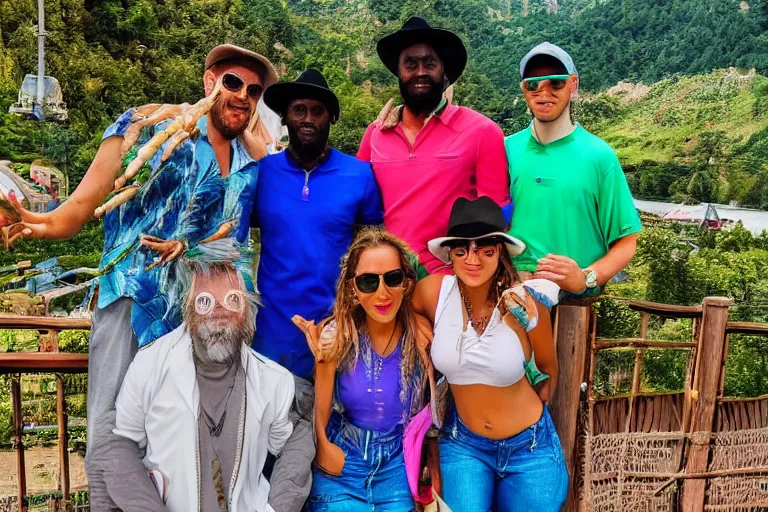 Prompt: 🌽🔵🇸🇮🐊🧑🏾🎤 in the style of a 1 9 9 0's tourist photo