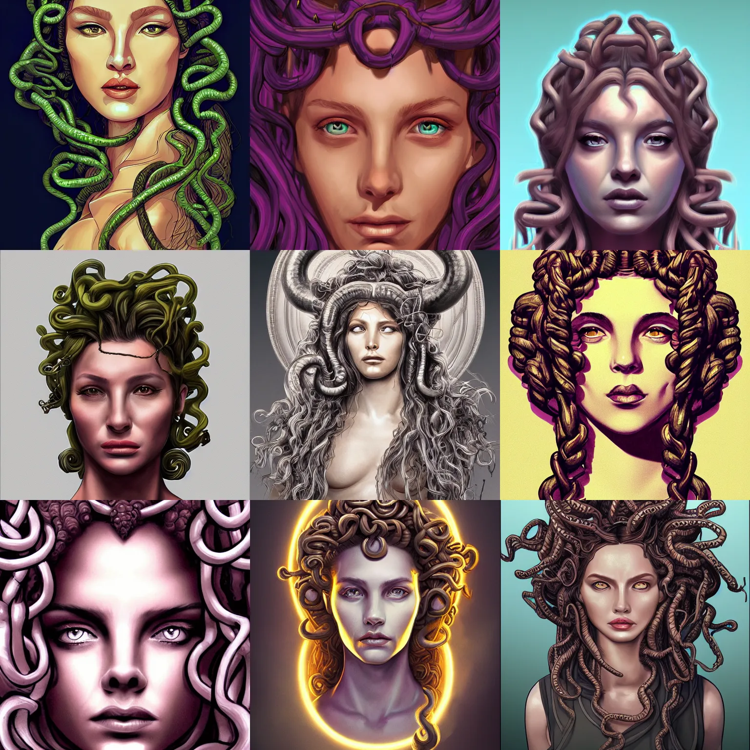 Prompt: portrait of medusa, backlit, high detail illustration, trending on artstation