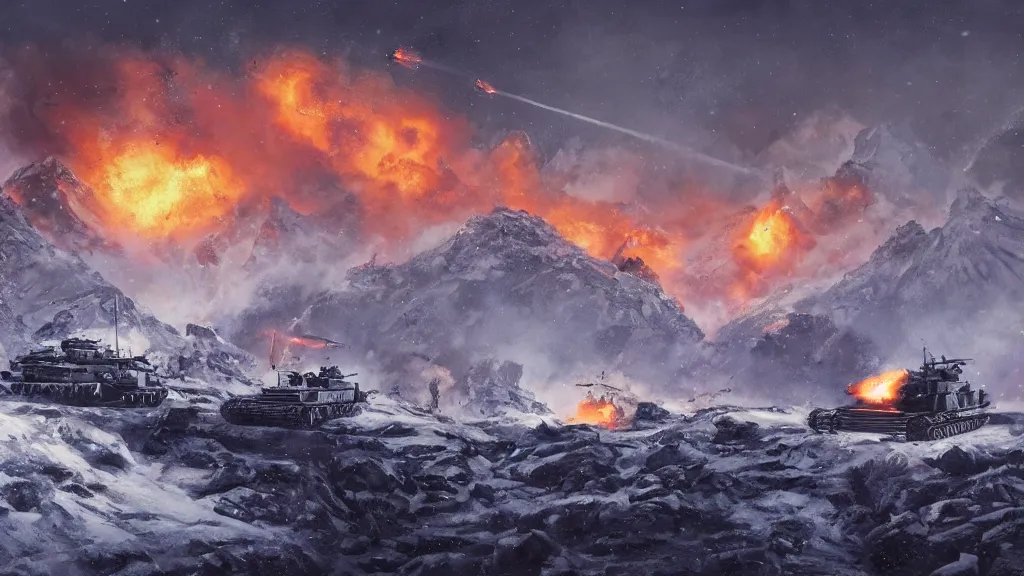 Image similar to snowy mountain, second world war fighting against ufo, aliens, tanks, jet fighters, missiles, with anti aircraft guns, with fire and smoke in the background by eugene von guerard, ivan shishkin, dramatic lighting, concept art, trending on artstation, 8 k