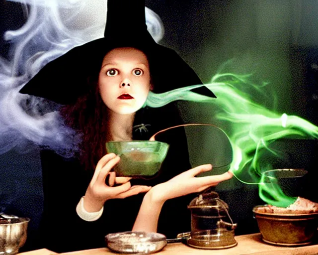 Image similar to close up portrait, calm serious teen witch and her cat mixing a spell in a cauldron, faint wispy smoke fills the air, a witch hat, cinematic, faint green glowing smoke is coming out of the cauldron, ingredients on the table, apothecary shelves in the background, still from nickelodeon show are you afraid of the dark?
