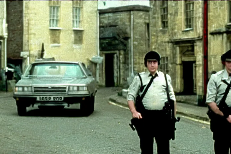 Prompt: a still of the movie hot fuzz directed by stanley kubrick in 1 9 8 0