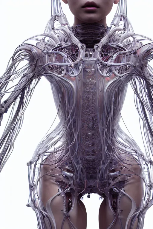 Prompt: young asian woman, iris van herpen, perfect symmetrical body, full body shot, inflateble shapes, wires, tubes, veins, jellyfish, white biomechanical details, wearing epic bionic cyborg implants, masterpiece, intricate, biopunk, vogue, highly detailed, artstation, concept art, cyberpunk, octane render