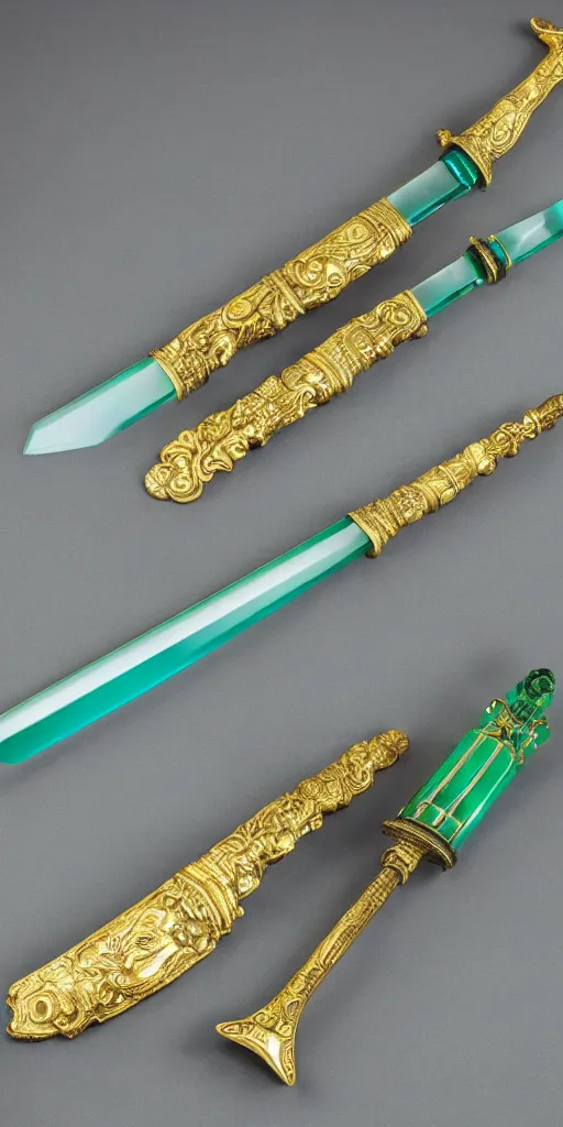 Prompt: photograph of a wide green and teal crystal sword with a big gold sword hilt