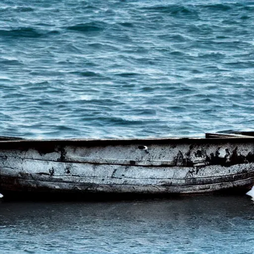 Prompt: a boat on the seas, the sea is made of metal and rock but still works like water