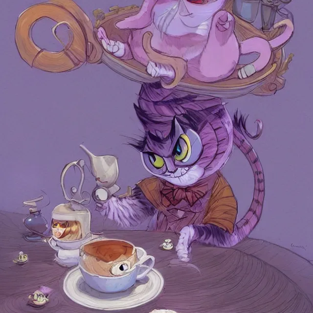 Image similar to cheshire cat drinking tea, by cory loftis, character art, very coherent, exquisite lighting, whimsical background, lighthearted, soft painting, masterpiece