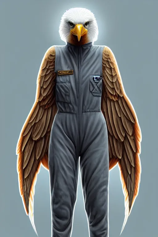 Image similar to epic professional digital art of a human - eagle hybrid animal wearing human flight jumpsuit, air force jumpsuit, humanoid feathered head, eagle beak, by lisa roet, sam leach, artstation, cgsocietywlop, epic, much wow, much detail