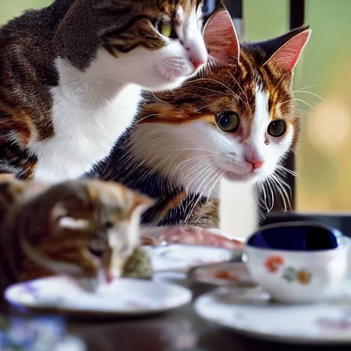 Image similar to 3 cats ( two calico and one tabby ) sitting at a table enjoying fancy english tea, award winning national geographic photo