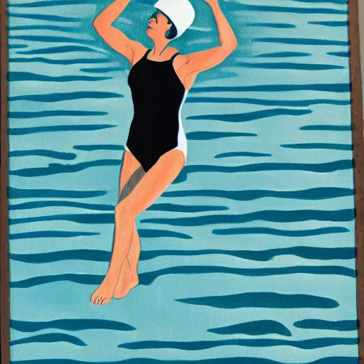 Image similar to acrylic painting on wood of a woman wearing a swimming cap diving from a high diving board into a pool. the pool is out of frame. teal, white, black and grayscale. simple. flat. 1 9 6 2