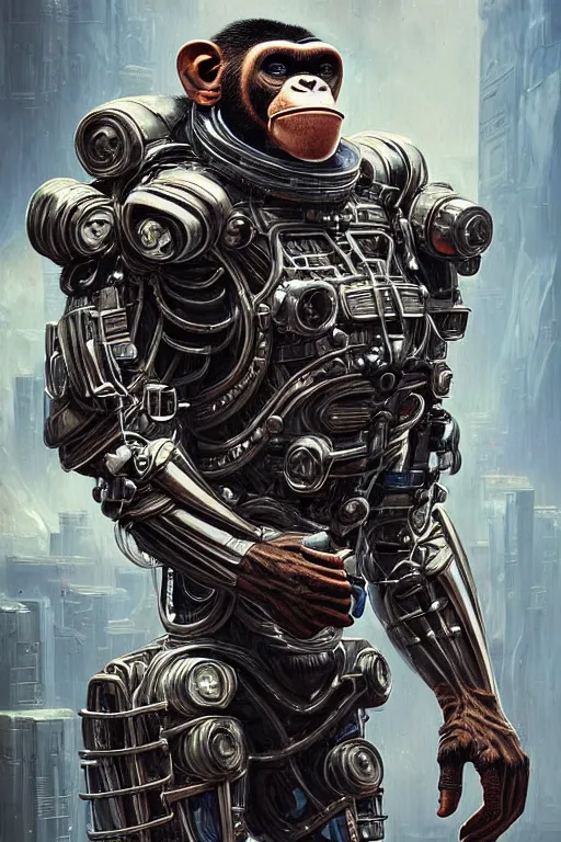 Image similar to a portrait of a muscular anthropomorphic cyberpunk chimp in spacesuit armor with ensignia on chest plate by sandra chevrier, by jon foster, detailed render, post - processing, extremely hyperdetailed, intricate, epic composition, cybernetics, 4 k realistic, cryengine, realistic shaded lighting, sharp focus, masterpiece, by enki bilal