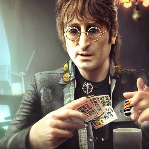 Image similar to john lennon playing poker, hyper detailed, dramatic lighting, cgsociety, realistic, hyper detailed, insane details, intricate, dramatic lighting, hypermaximalist, golden ratio, rule of thirds, octane render, weta digital, micro details, ultra wide angle, artstation trending, 8 k,