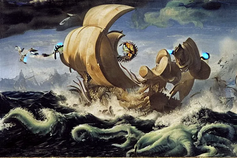 Image similar to A Kraken attacks a ship, Hans Savery the Elder (1626), oil on canvas, detailed brushstrokes