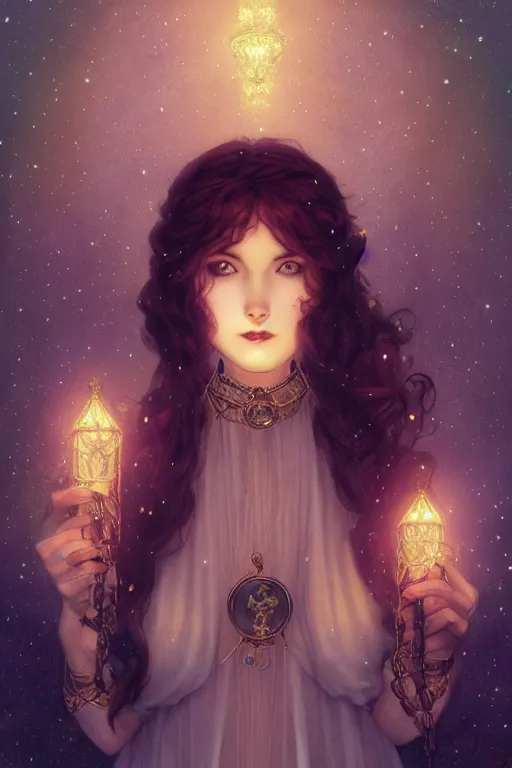 Image similar to Nocturne, glowing, stars, a long-legged occultist woman, long auburn hair, choker, highly detailed, mysterious, ethereal, sigils, haute couture, illustration, dramatic lighting, soft details, painting, by Edmund Blair Leighton, Brom, Charlie Bowater, trending on artstation, faces by otto schmidt